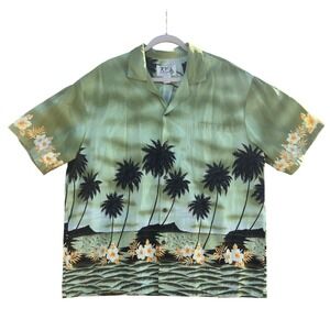 KY'S Hawaiian Shirt Mens 2XL Green Palm Tree Hibiscus Cotton Made in Hawaii USA